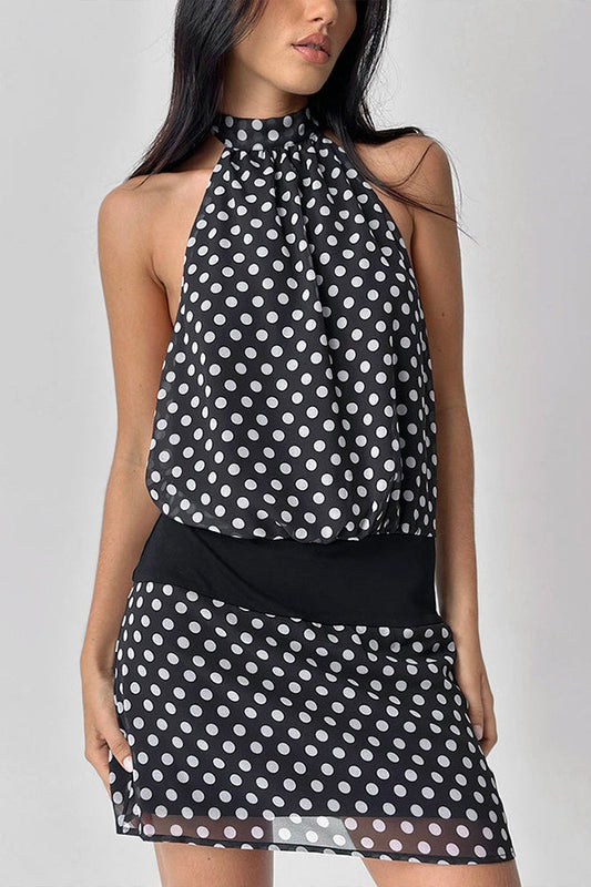 Polka Dot Chiffon Halter Mini Dress