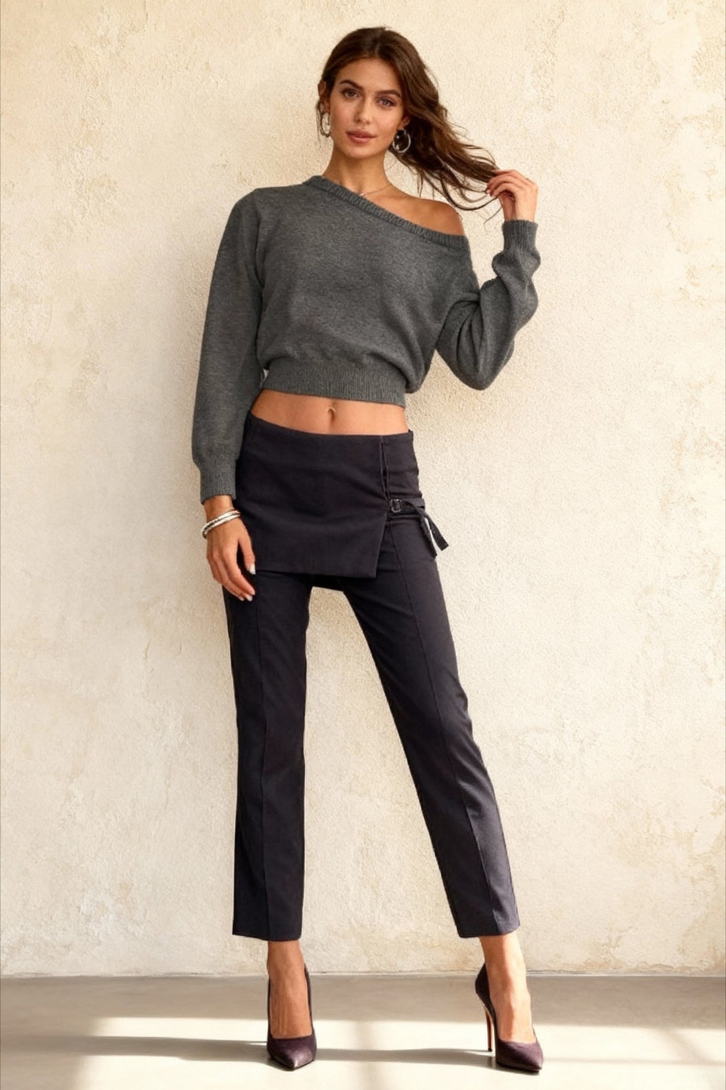Minimalist Slim Asymmetrical Neck Long Sleeve Blouse