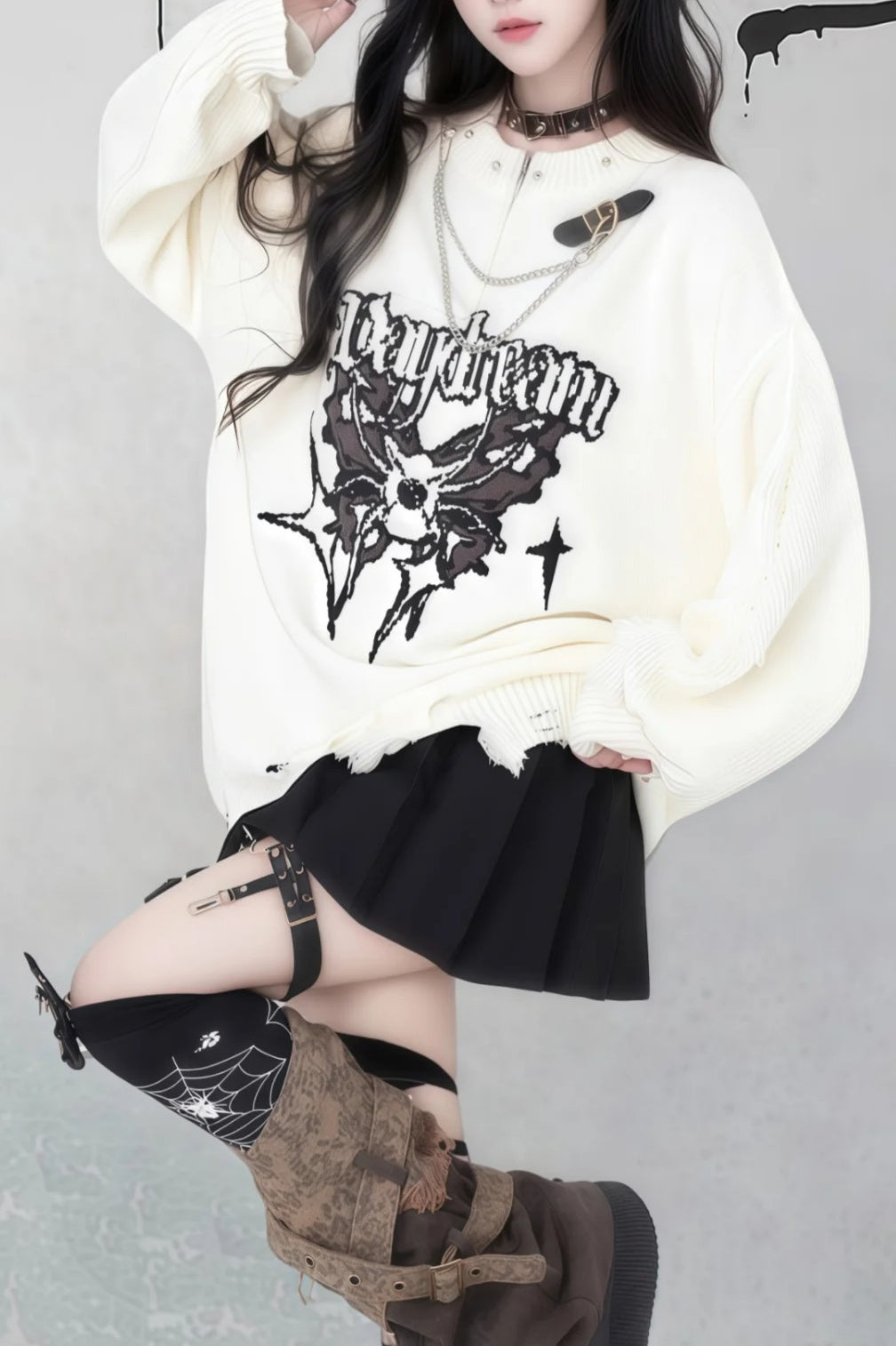 Gothic Y2K Subculture Rivet Print Ripped Loose Knit Sweater