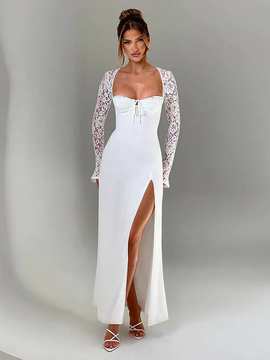 Lace Insert Long Sleeve Split Slim Fit Party Dress