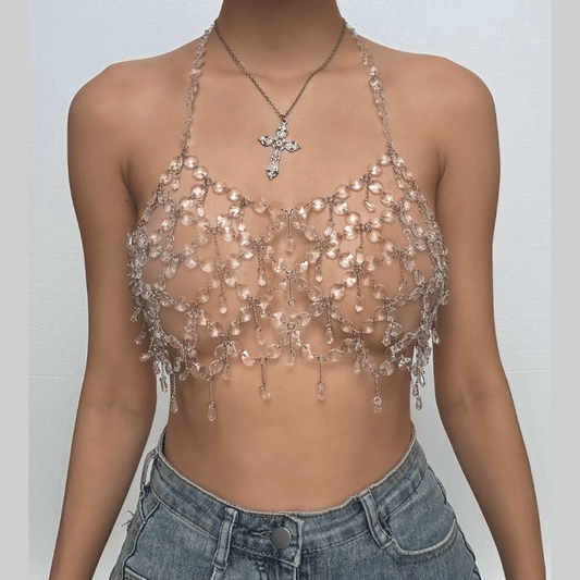 Metal chain plastic crystal halter backless crop top | Festival Outfits Women