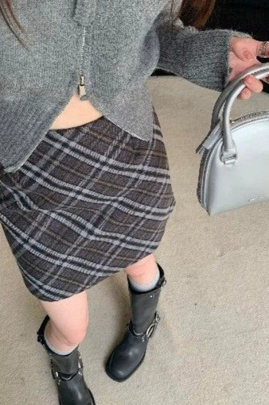 Tweed Plaid Vintage High Waist Fitted Short Skirt