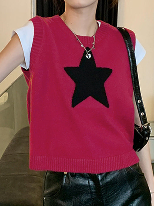 Star Jacquard Crew Neck Cropped Sweater Vest