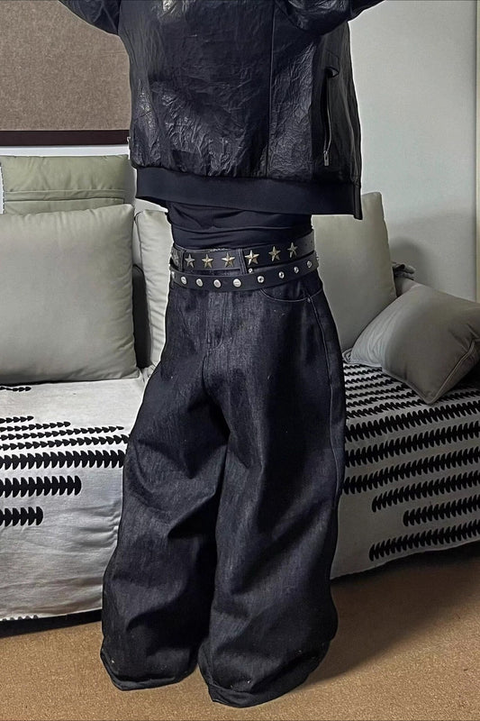 Baggy Gothic Streetwear Plaid Patch Denim Floor-Length Pants