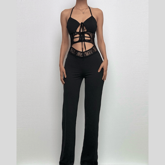 Halter hollow out solid backless pant set | Festival Outfits Women