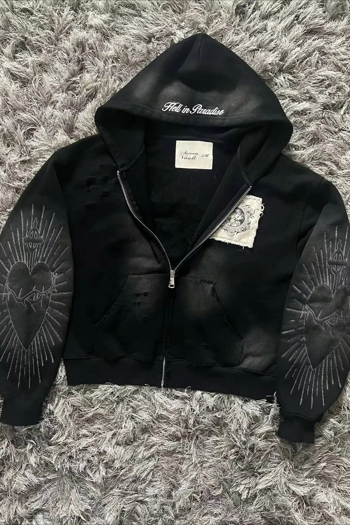 Gothic Printed Fur Collar Oversized Hoodie