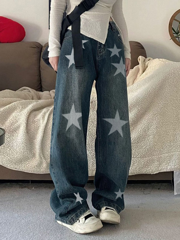 Washed Distressed Star Print Boyfriend Jeans