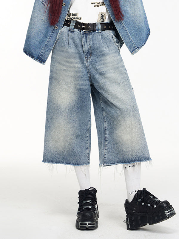 Washed Raw Edge Baggy Denim Shorts