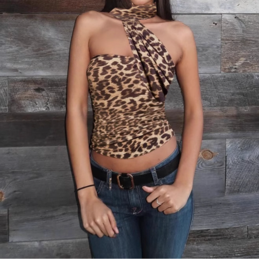 Halter leopard print ruched irregular top | Festival Outfits Women | Cheetah Print Top