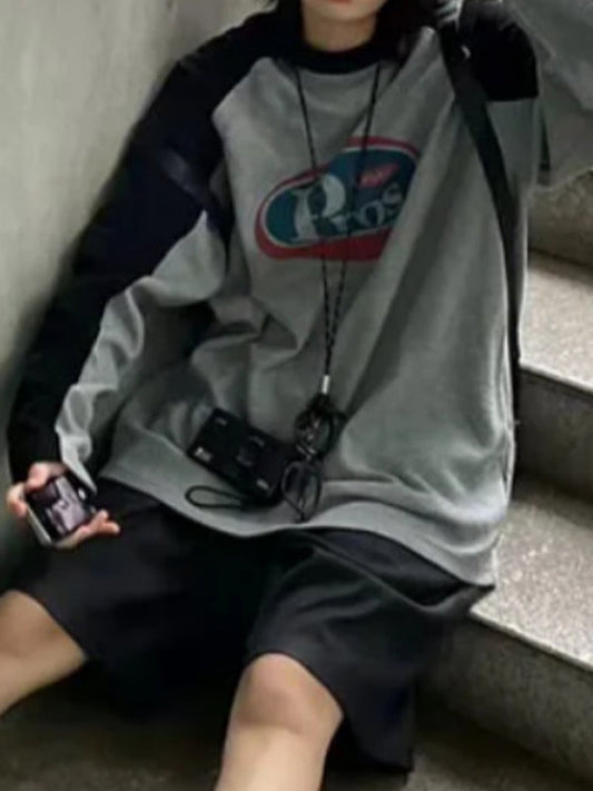 Gray Vintage American Color Block Letters Sweatshirts