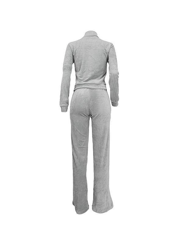 Solid Collar Neck Jacket & Lace Up Pants Set