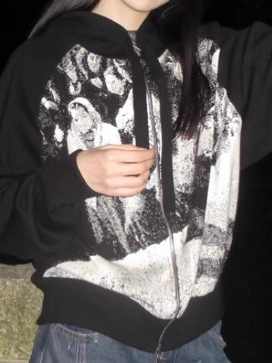 Black White Retro Zip Up Loose Hoodie