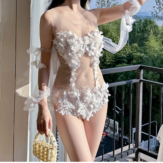 Lace mesh flower applique zip-up bodysuit | Festival Outfits Women