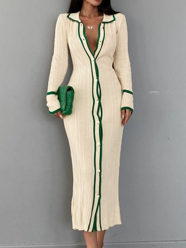 Contrast Color Trim Splice Lapel Neck Slim Midi Dress