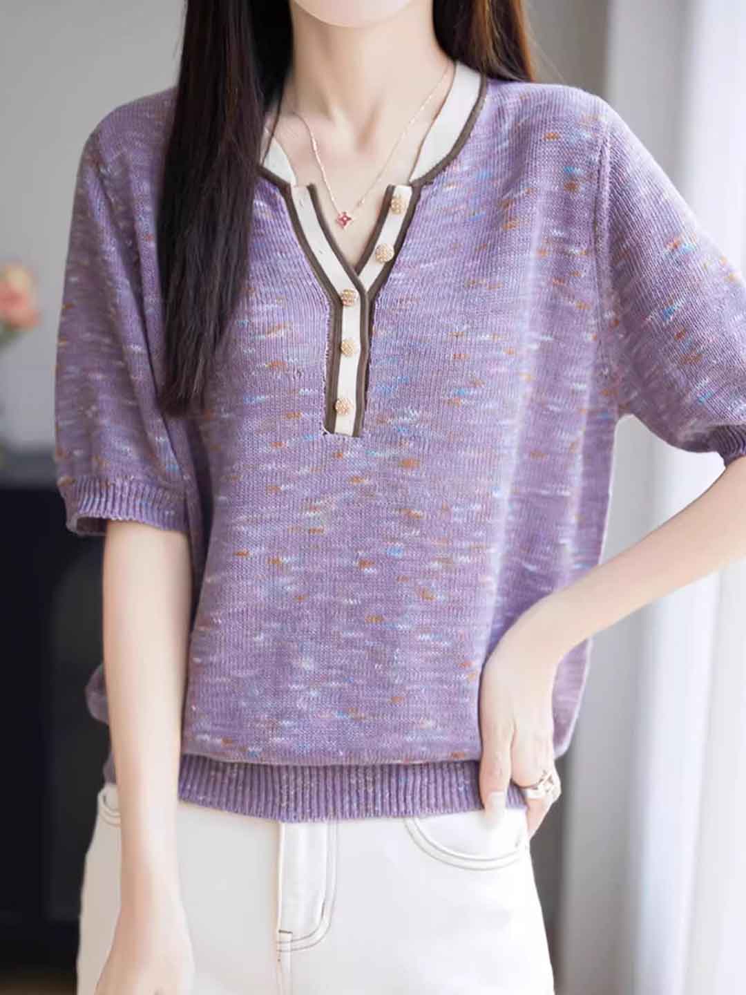 Lauren Loose V-Neck Contrasted Knitted Top