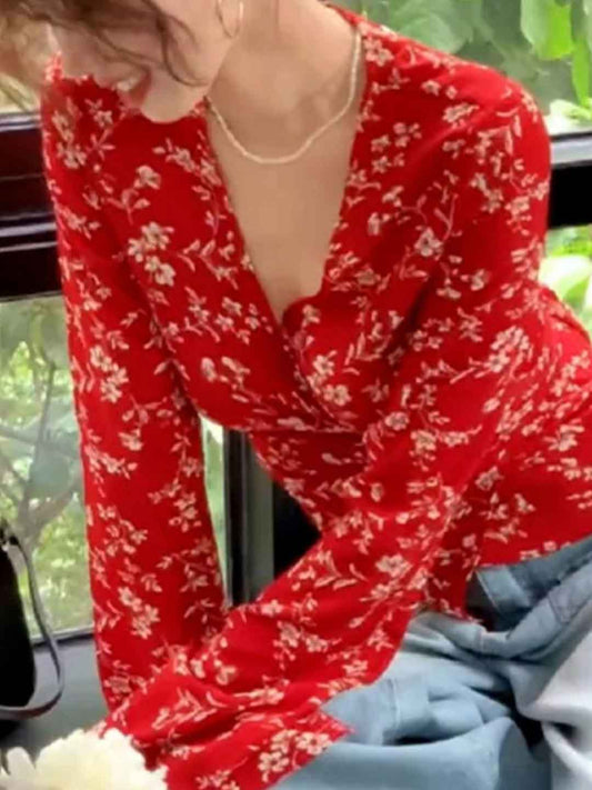 Olivia Vintage V-Neck Floral Chiffon Shirt