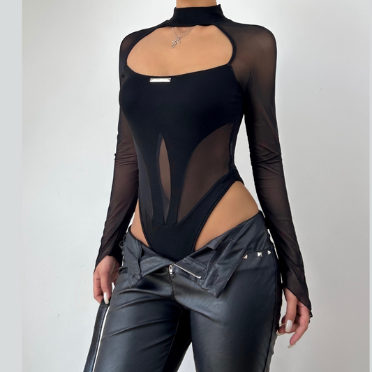 Hollow out mesh patchwork long sleeve contrast bodysuit | Festival Outfits Women