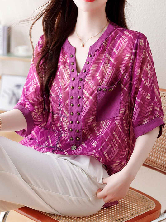 Kaitlyn Loose V-Neck Printed Chiffon Shirt