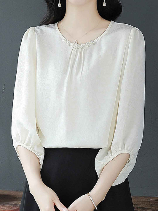 Rachel Elegant Crew Neck Beaded Satin Shirt