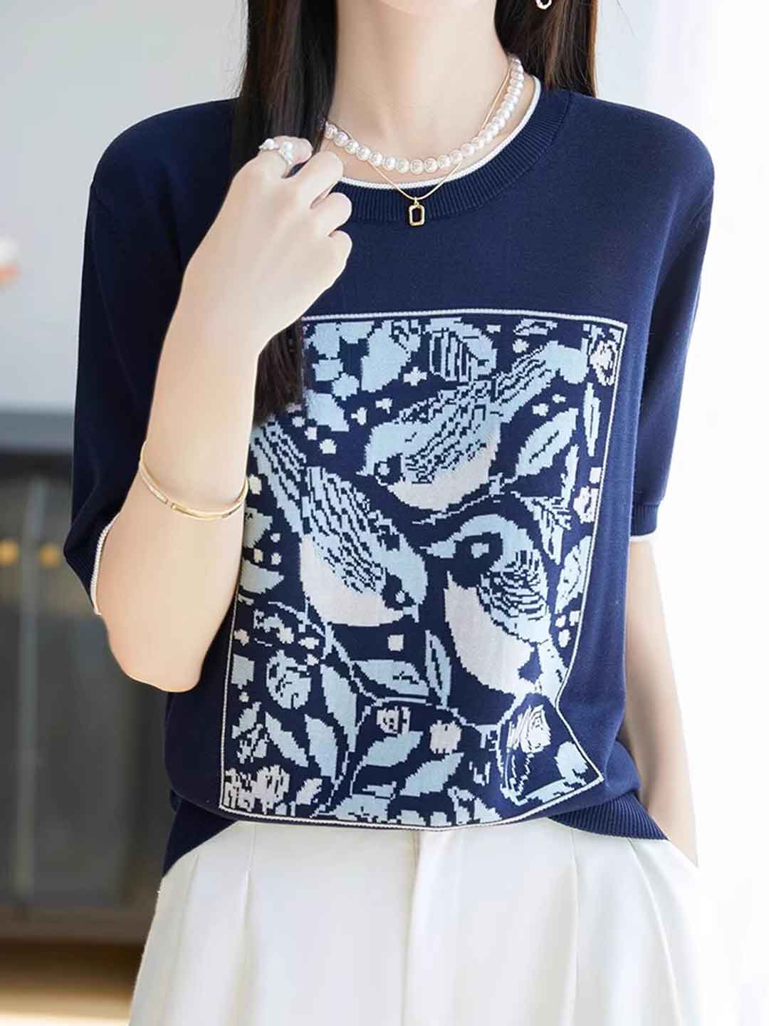 Zoey Loose Crew Neck Jacquard Knitted Top