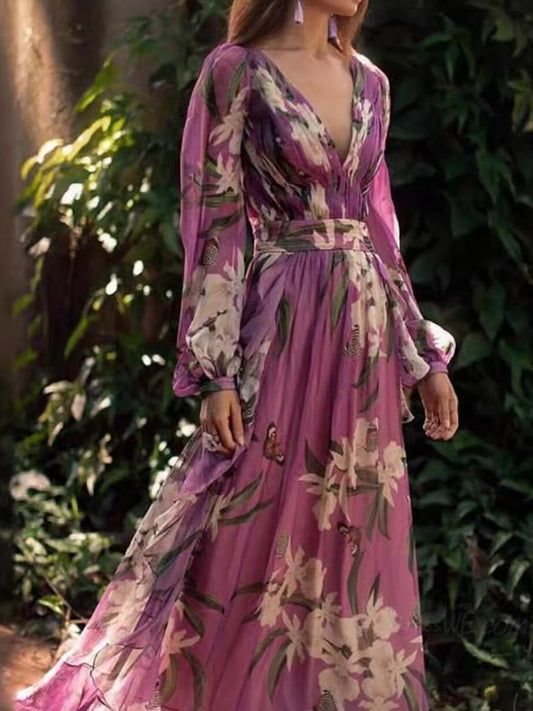 Floral Print V-neck Maxi Dresses