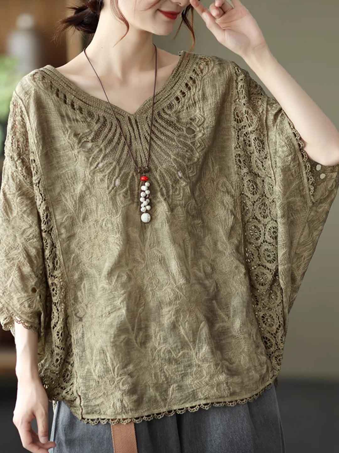 Maya Loose V-Neck Hollowed Crochet Top