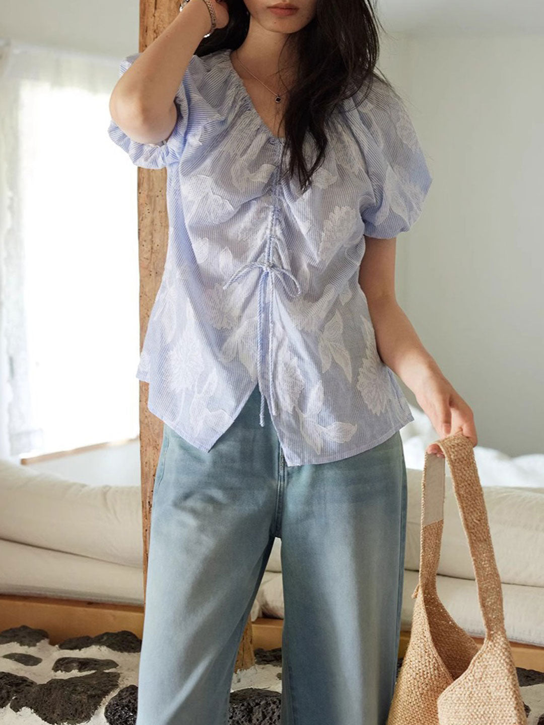 Katelyn Retro V-Neck Puff Sleeve Striped Top