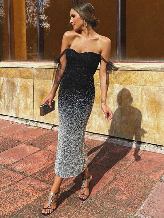 V-neck Sequins Evening Gown Raglan Sleeve Gradient Maxi Dresses