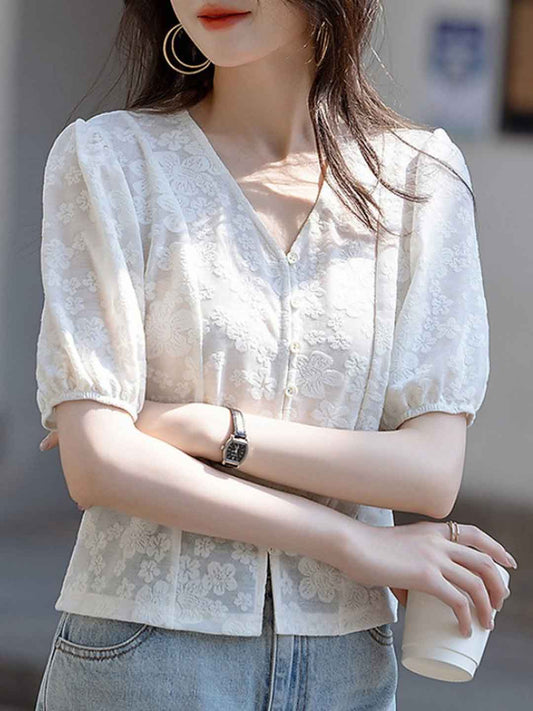 Kylie Elegant V-Neck Puff Sleeve Jacquard Cardigan