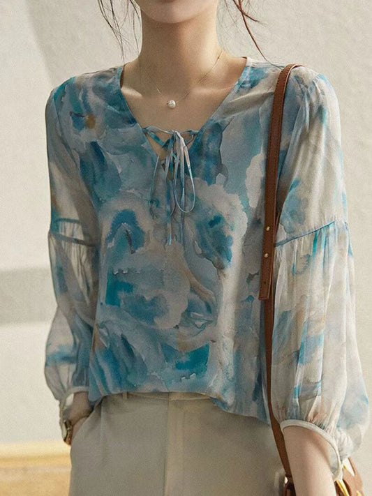 Olivia Loose V-Neck Puff Sleeve Printed Top