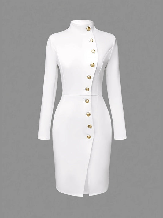 Long Sleeve Stand Collar Slim Fit Metal Single-breasted Buckle With Vents Midi Dresses