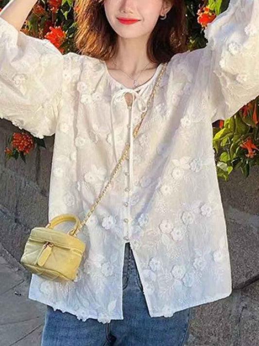 Mariah Chic Solid Color Lace Embroidered Shirt