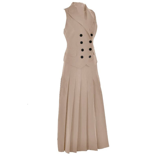 Sleeveless turnover collar button pleated maxi skirt set | Festival Outfits Women