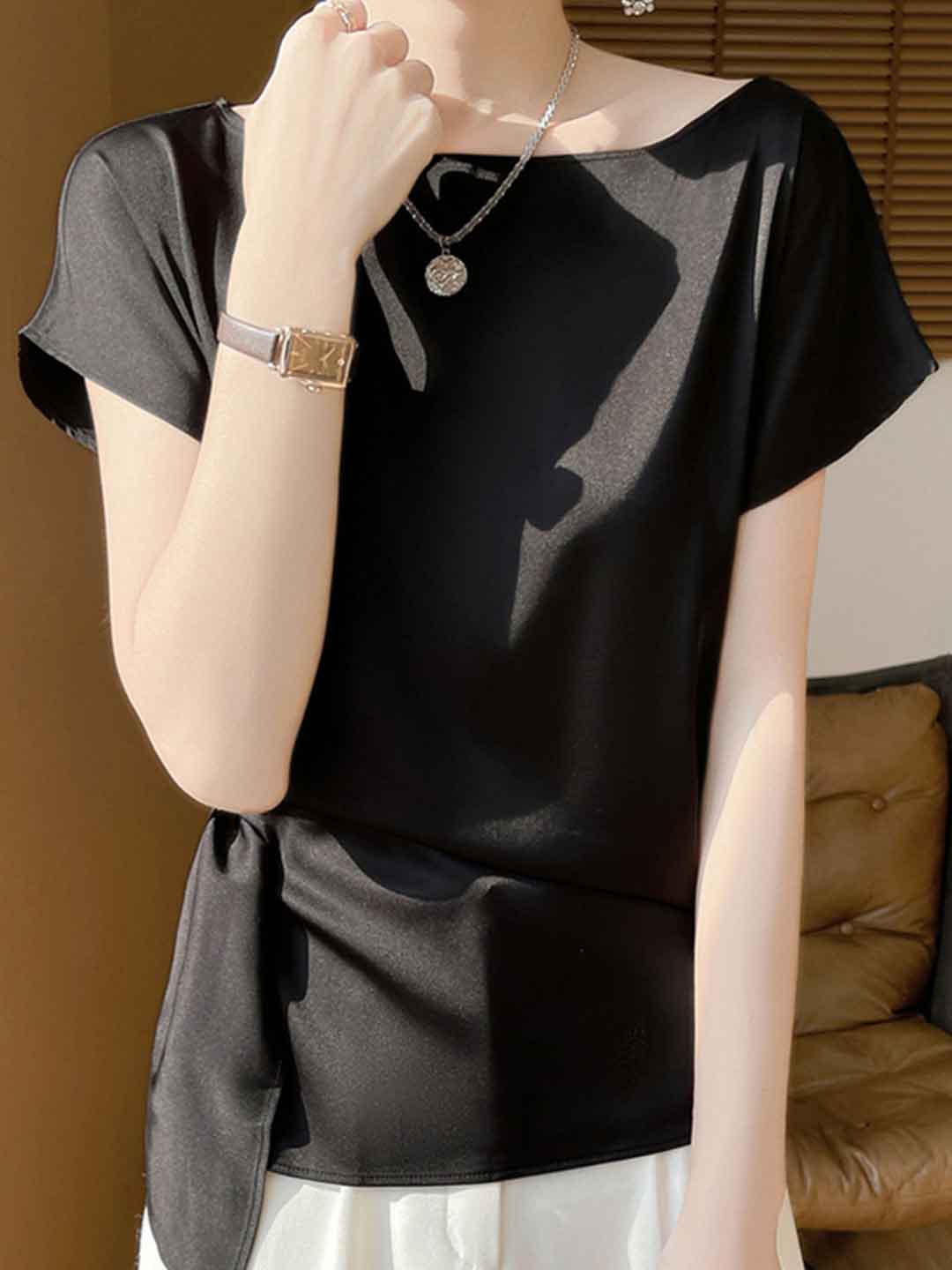 Madeline Loose Boat Neck Satin Solid Color Top