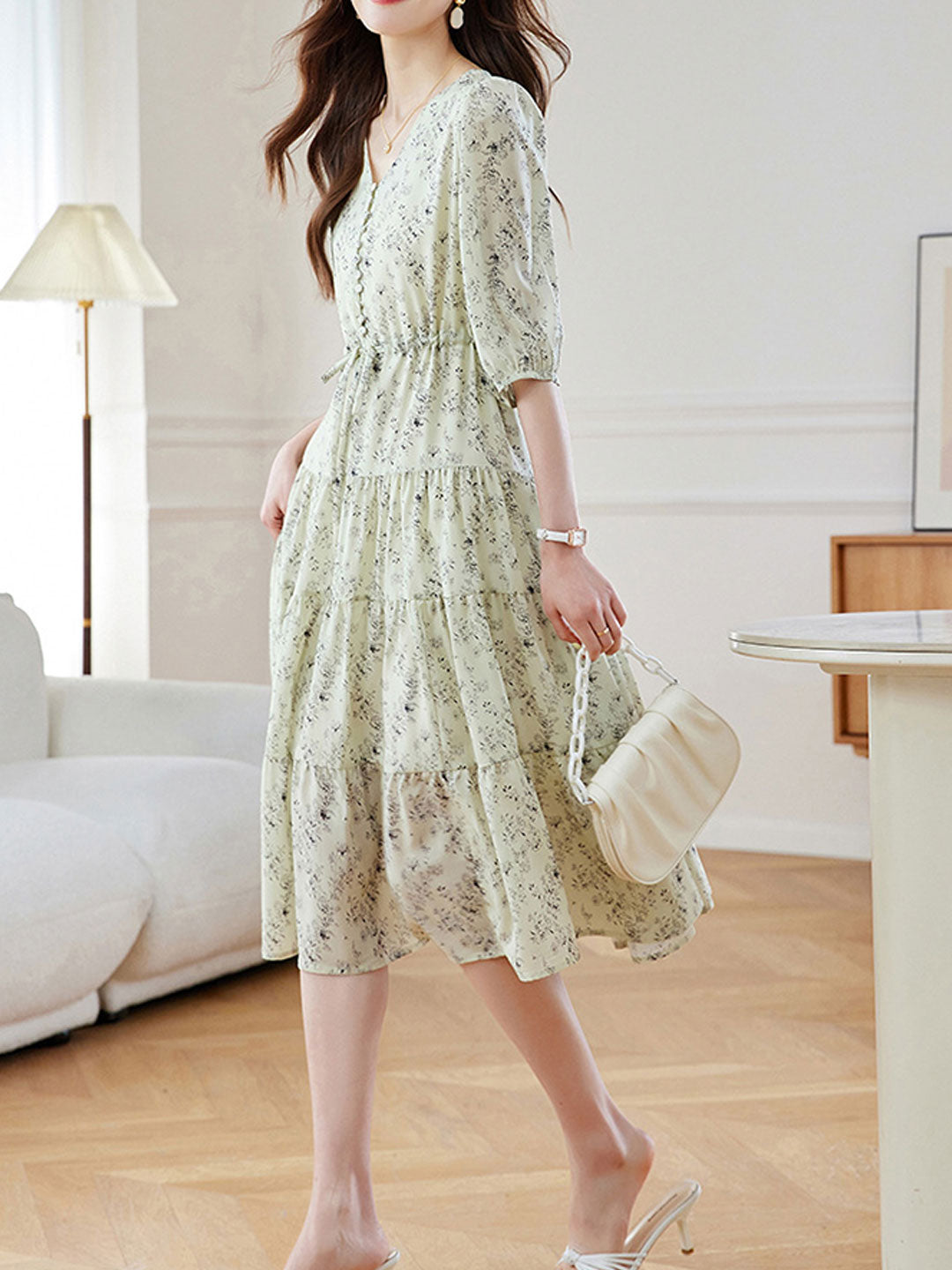 Sophia Elegant V-Neck Floral Chiffon Dress