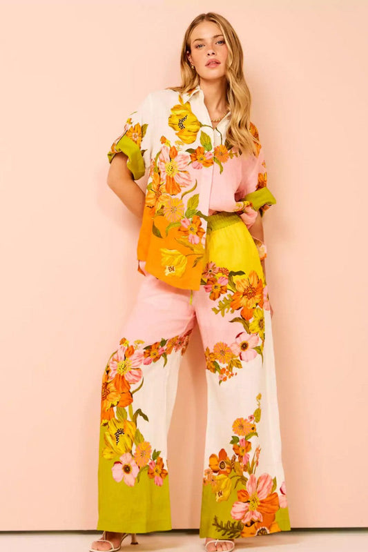 Conjunto de pantalones anchos con bolsillos y cintura elástica con estampado único