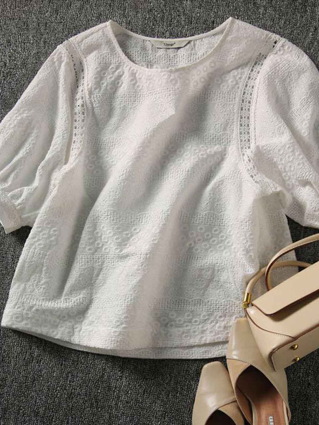 Mariah Elegant Crew Neck Puff Sleeve Hollowed Lace Top