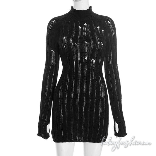 Long sleeve high neck hollow out solid mini dress