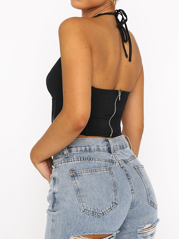 Halter Cutout Tie Back Irregular Hem Corset Top