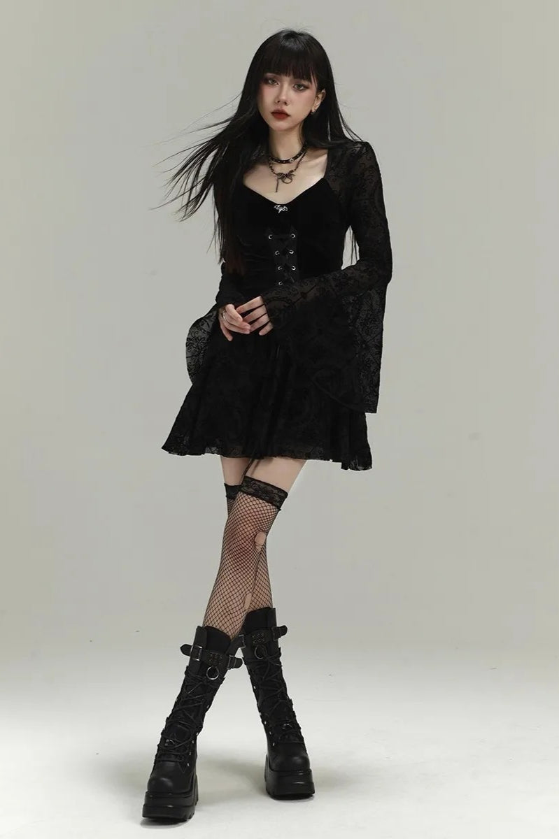 Black Velvet Lace Splice Bowknot Bell Sleeve Goth Mini Dress