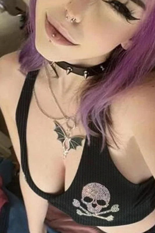 Gothic Skeleton Print Rhinestone Crop Top