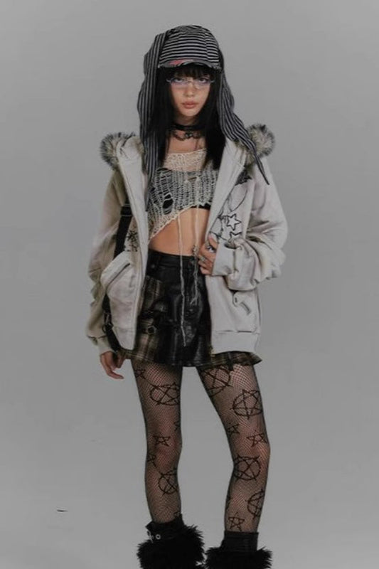 Niche Design Y2K Rabbit Ear Hooded Furry Collar Fleece Coat