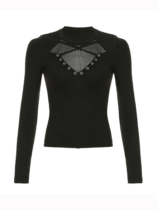 Grid Cross Stitching Long Sleeve Tee