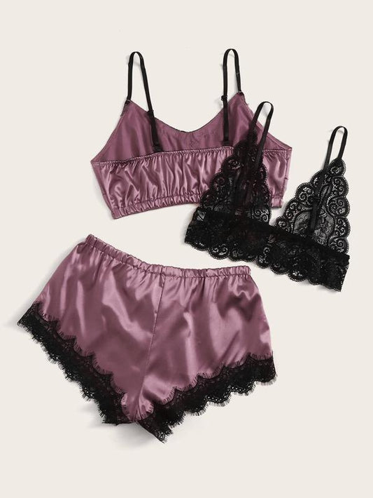 3pack Contrast Lace Satin Lingerie Set for Women