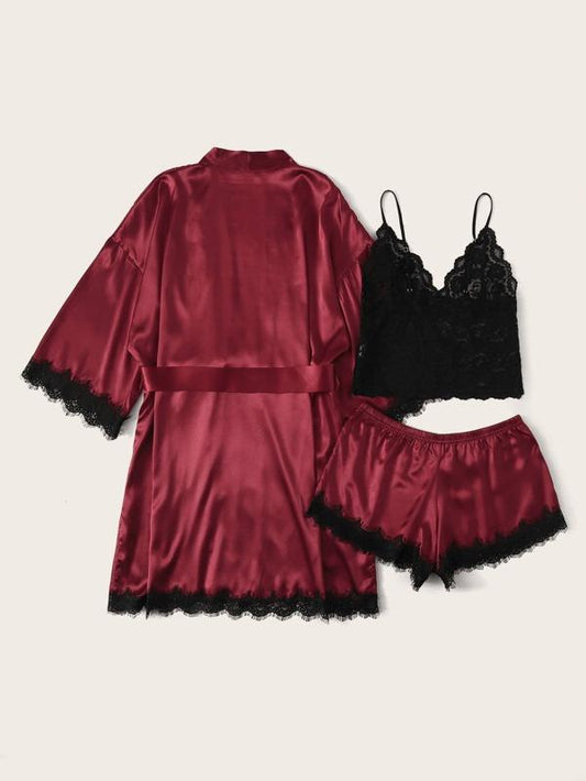 3pack Contrast Lace Satin Lingerie Set & Belted Robe for Women