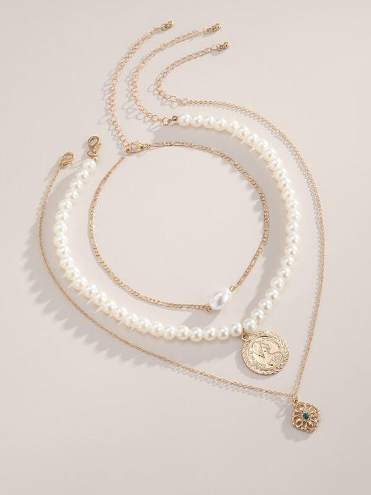 3pcs Coin Faux Pearl Decor Necklace for Women