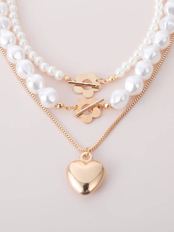 3pcs Faux Pearl Heart Decor Necklace for Women