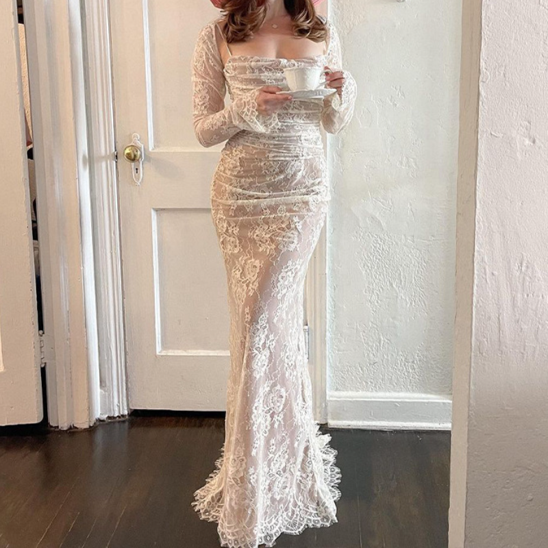 Long sleeve lace square neck cami maxi dress | Festival Outfits Women