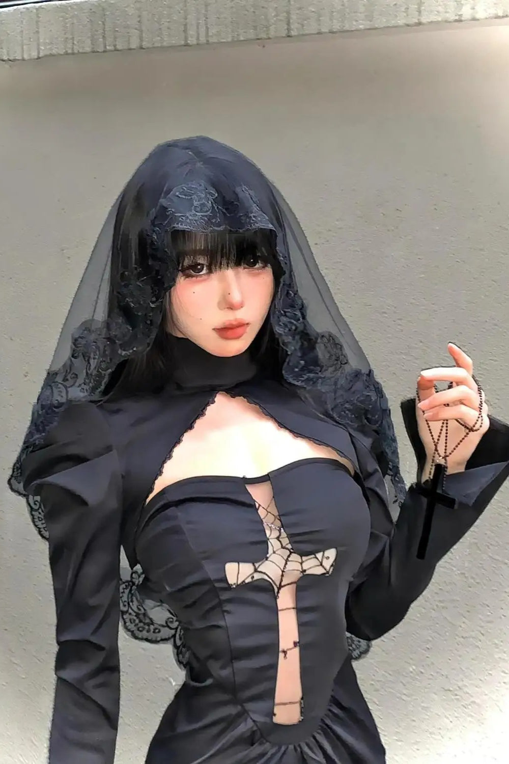 Gothic Lace Veil Cross Maxi Dress