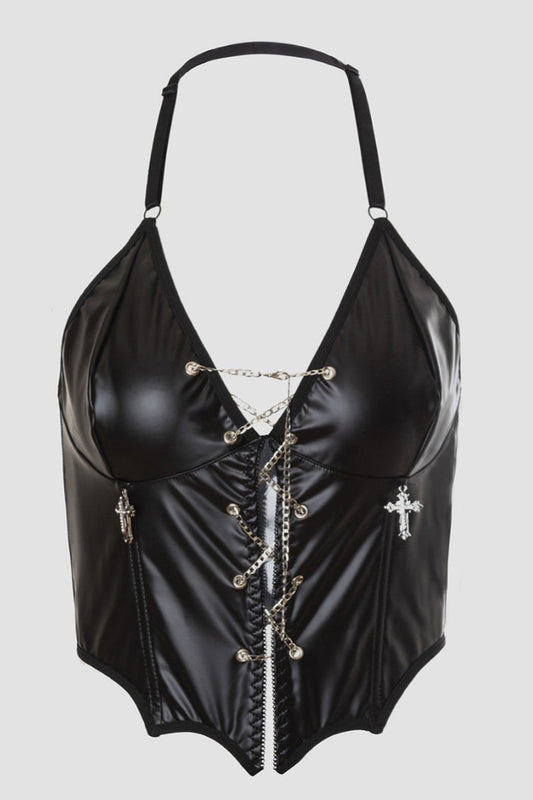 Y2K Punk Leather Halter Chain Boned Corset